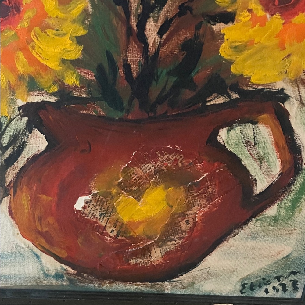 Sunflower Art Mixed Media Painting in Dark Green Frame ~ Etienne 1973 Rare art - Picture 6 of 16